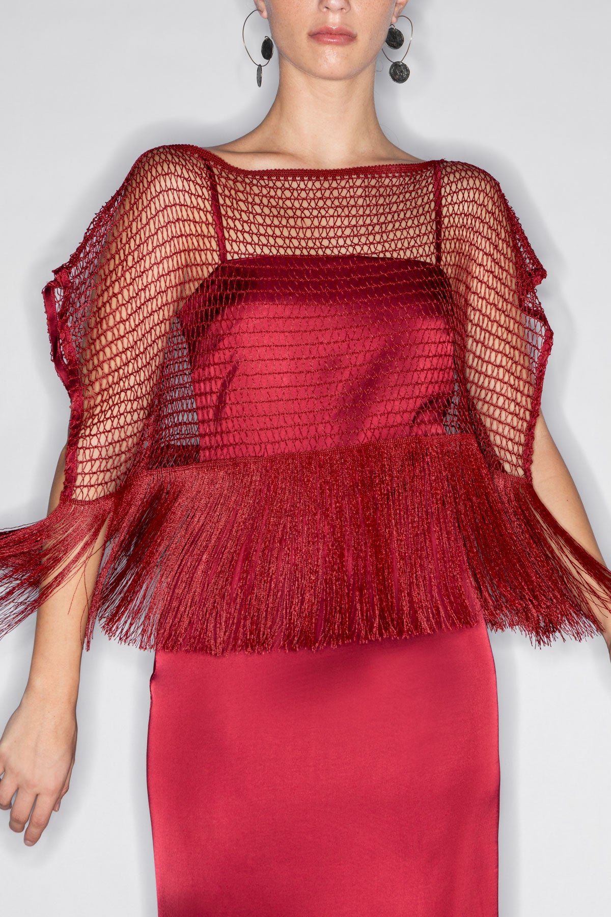 KROSSI SATIN LONG DRESS WITH REMOVABLE NET FRINGED TOP