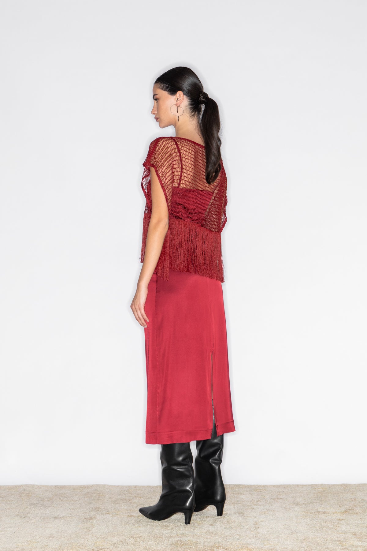 KROSSI SATIN LONG DRESS WITH REMOVABLE NET FRINGED TOP