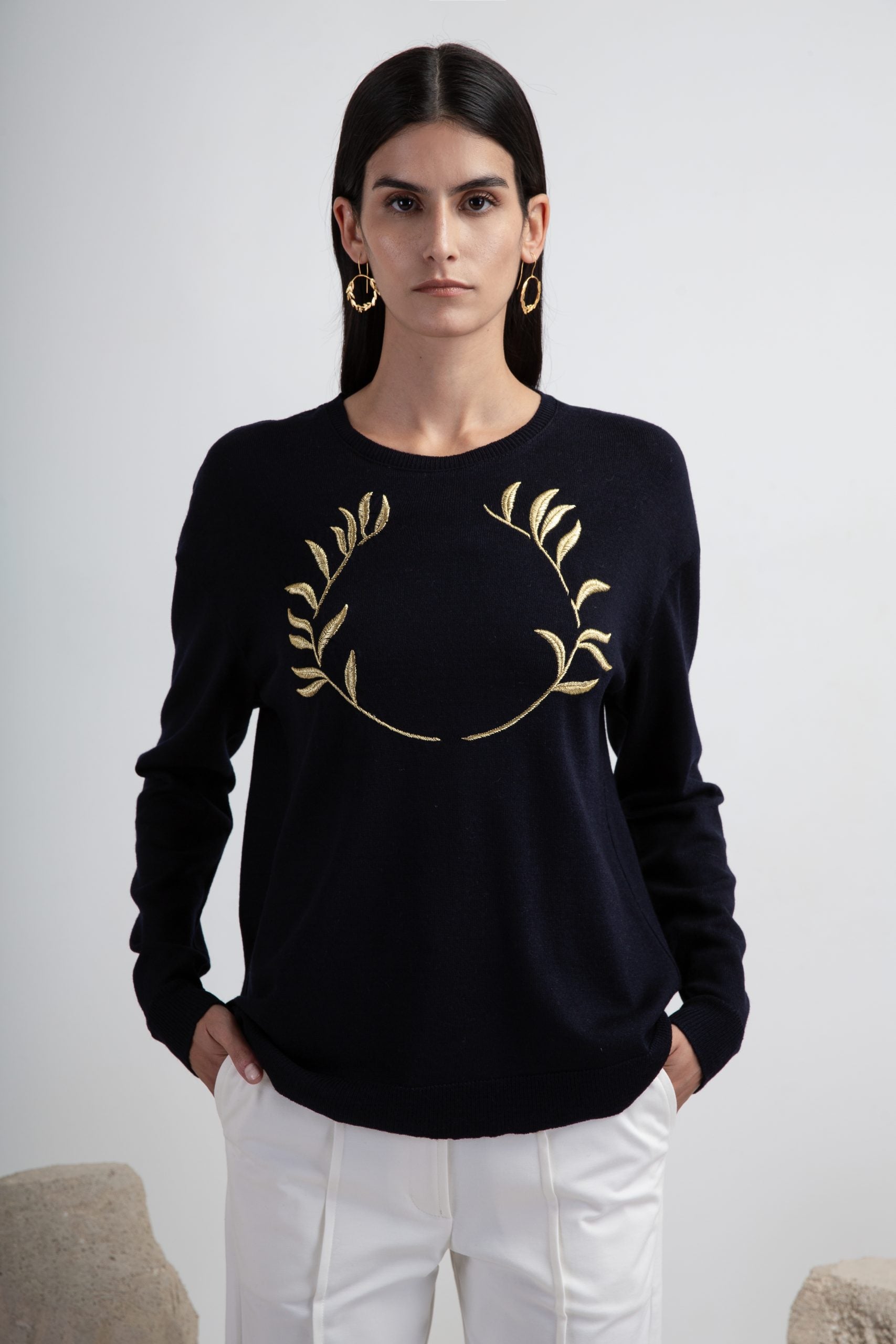 WREATH MERINO WOOL SWEATER NAVY BLUE