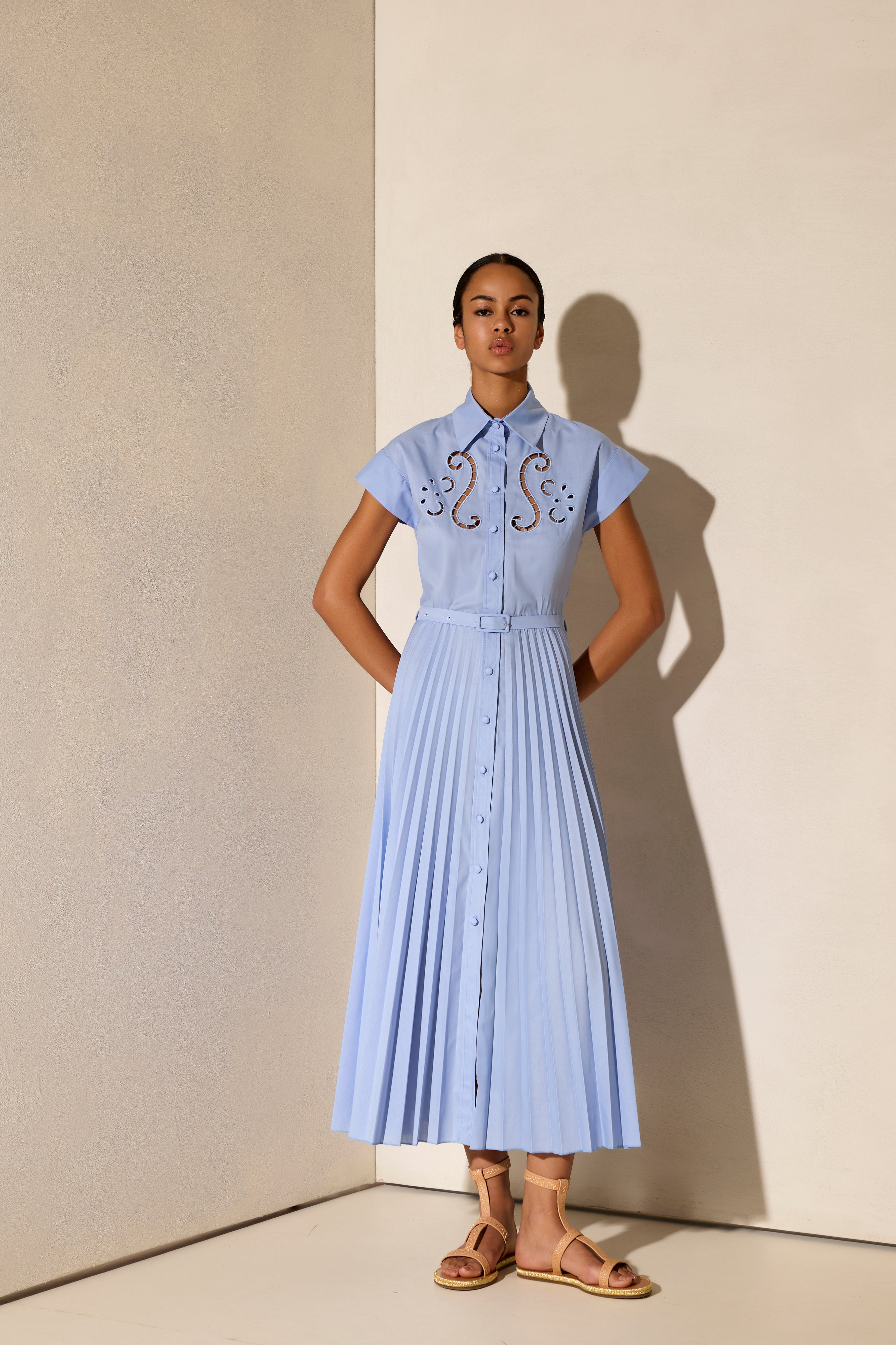 EUGENIA CUT-EMBROIDERED PLEATED LONG SHIRT DRESS