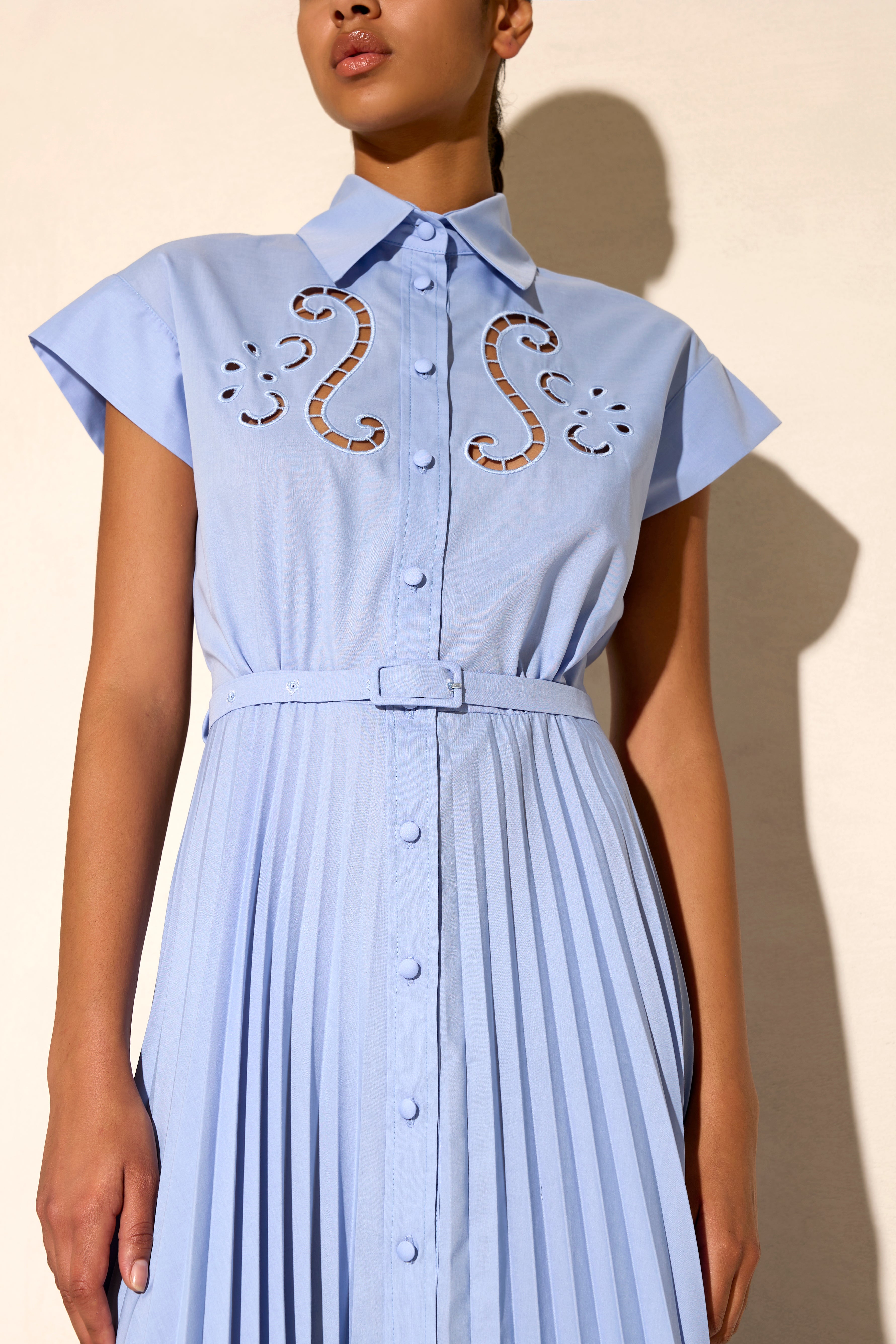 EUGENIA CUT-EMBROIDERED PLEATED LONG SHIRT DRESS