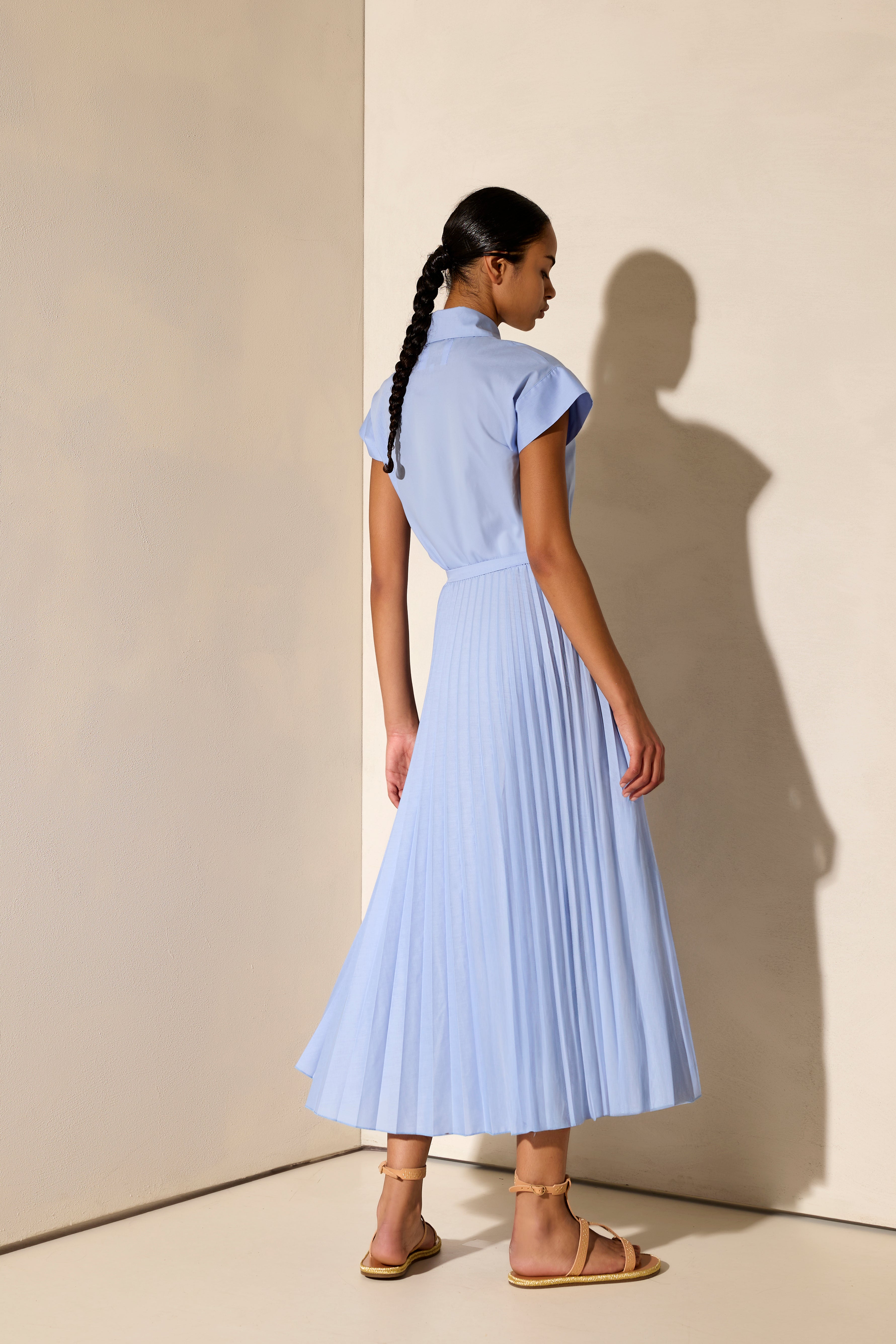 EUGENIA CUT-EMBROIDERED PLEATED LONG SHIRT DRESS