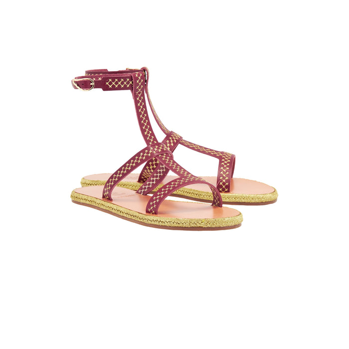 Penelope cross stitch leather espadrille sandals in bordeaux, Ancient Kallos