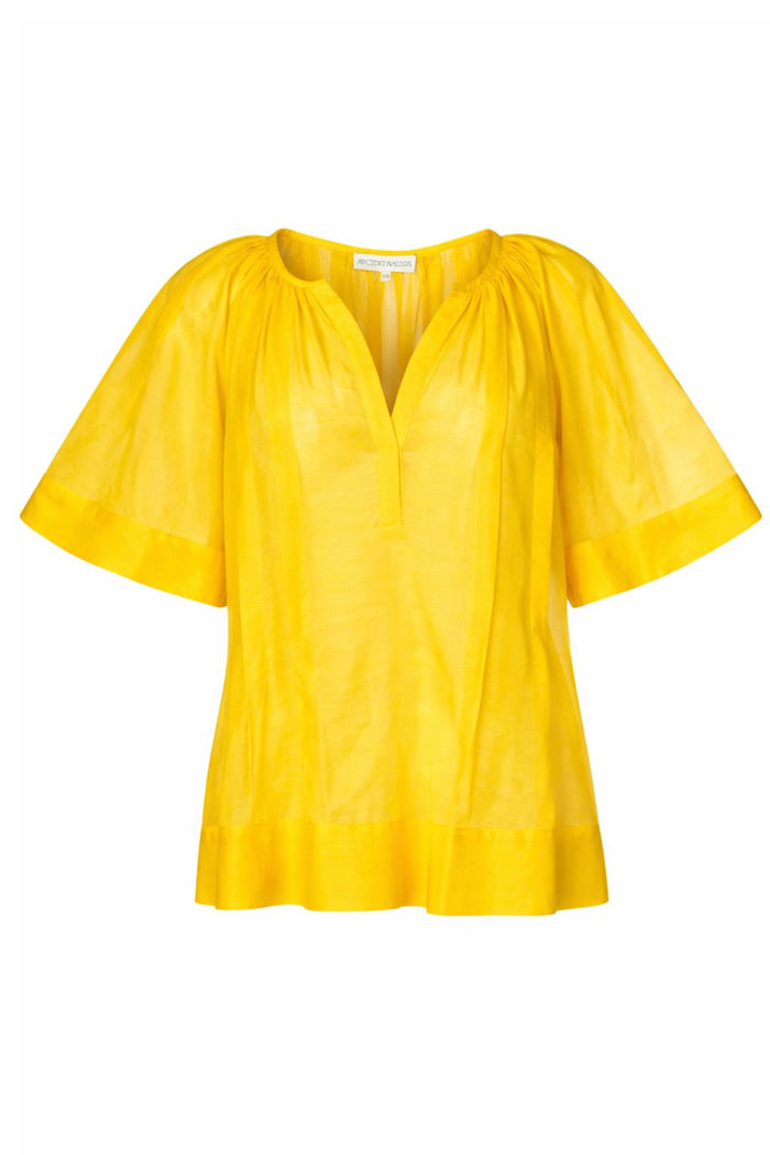 Syros silk-cotton top in lemon yellow, Ancient Kallos
