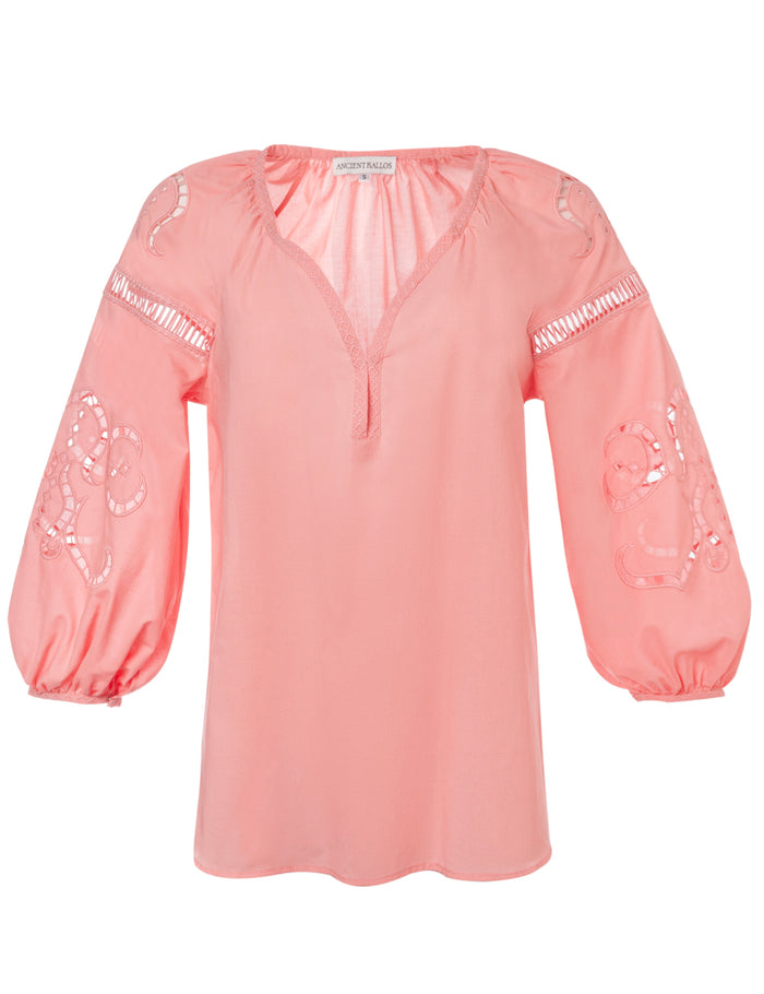 Iphigenia cut embroidered blouse in salmon pink, Ancient Kallos