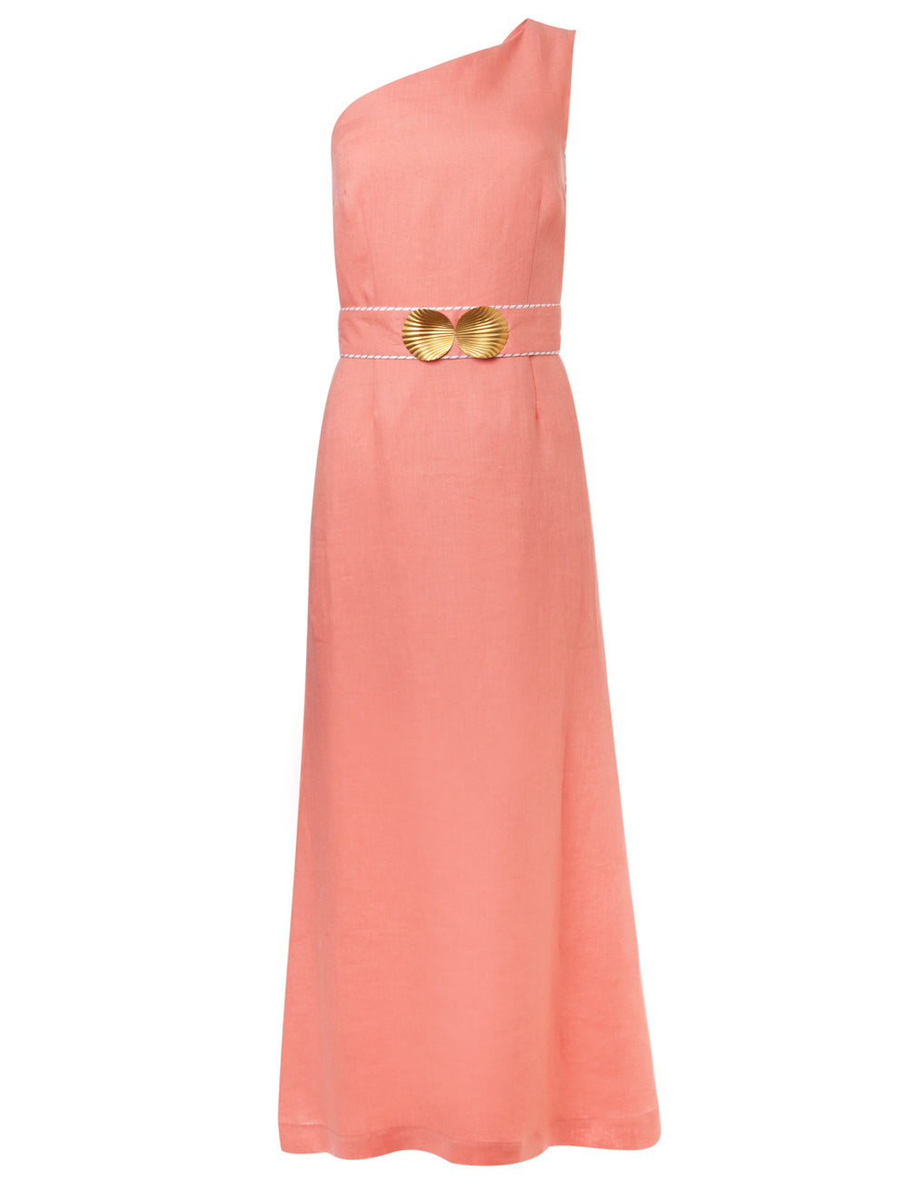 INO LINEN  ONE SHOULDER DRESS WITH GOLDEN SHELL-BUCKLES