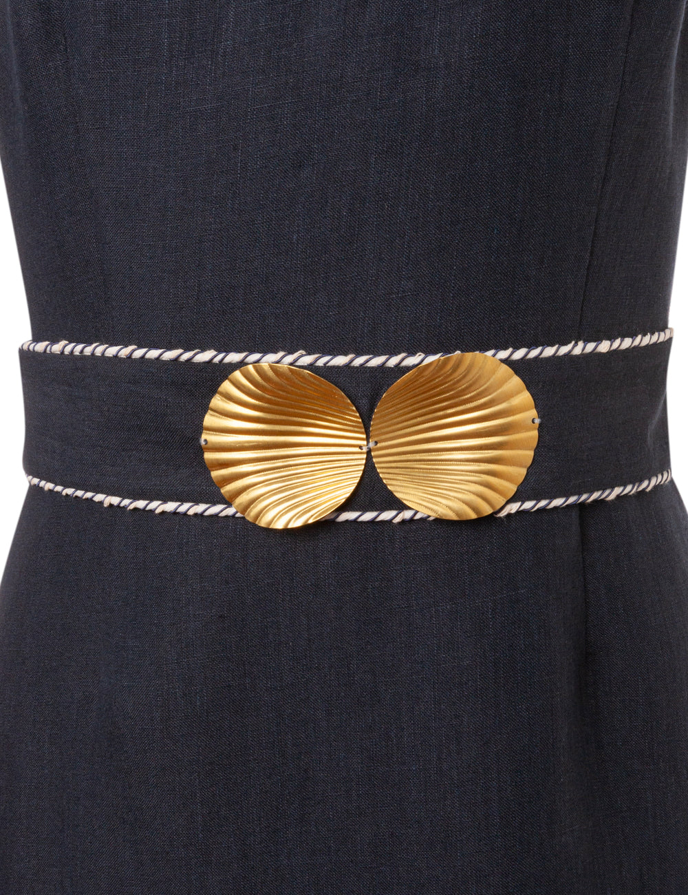 INO LINEN  ONE SHOULDER DRESS WITH GOLDEN SHELL-BUCKLES