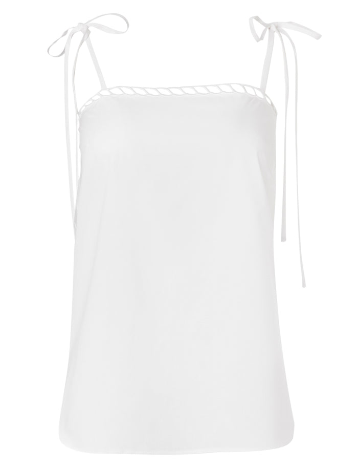 Schinousa cut-embroidered strap top in white, Ancient Kallos