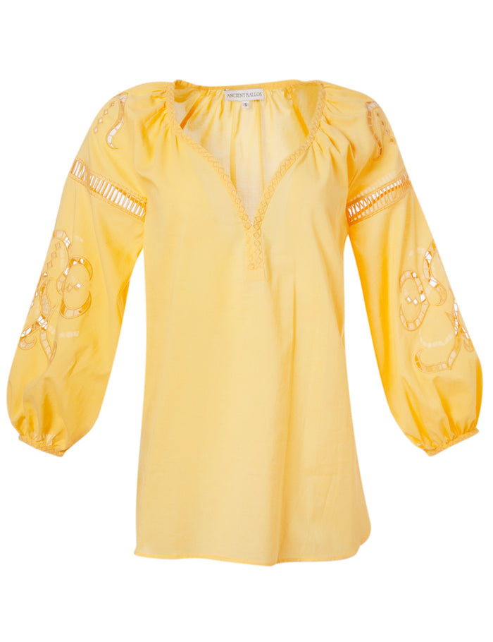 Iphigenia cut embroidered blouse in lemon yellow, Ancient Kallos