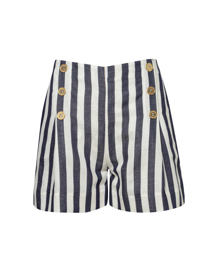Sailor high-waisted cotton-linen striped bermuda shorts in navy blue and off-white, Ancient Kallos