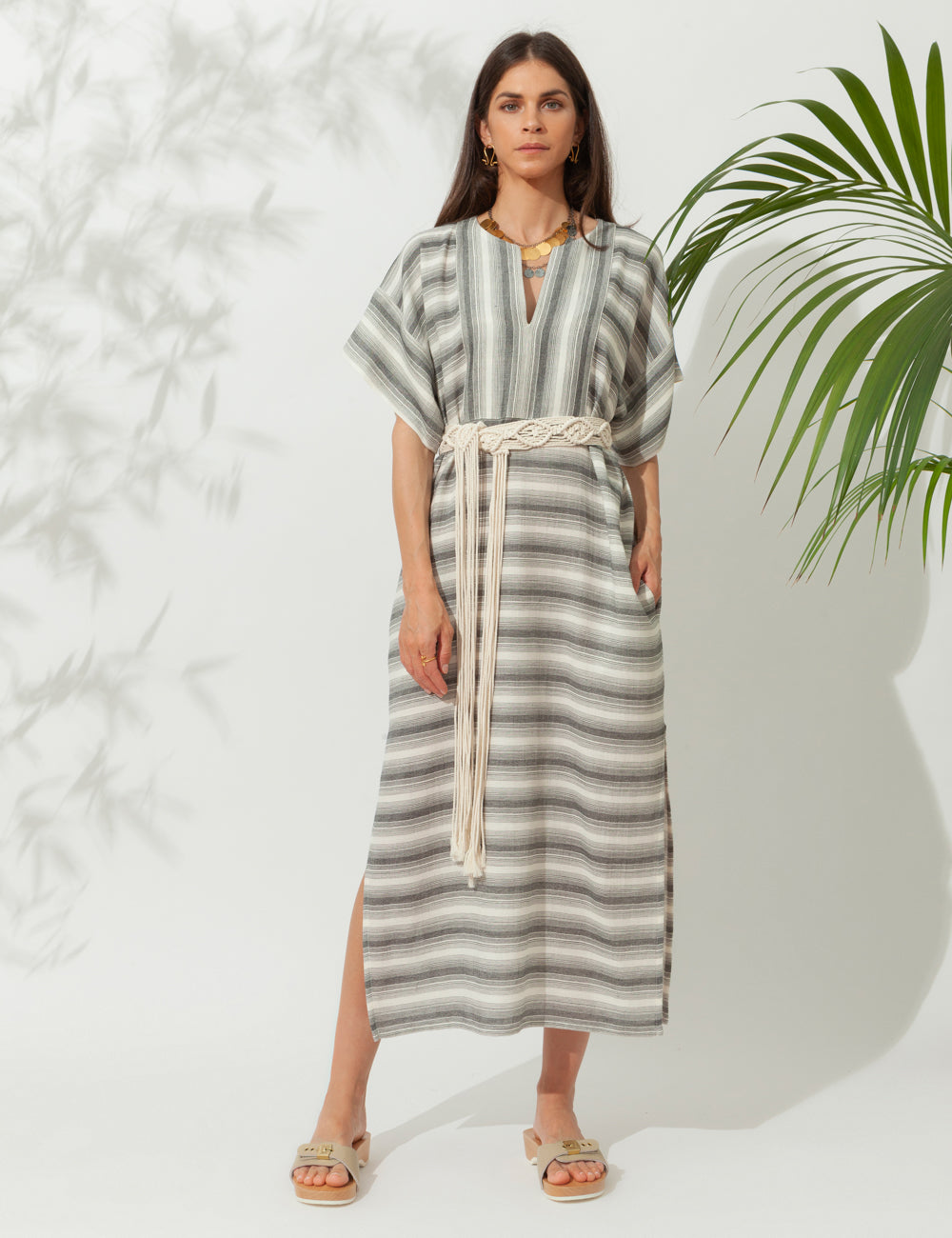 PSARA STRIPED MIDI KAFTAN GREY