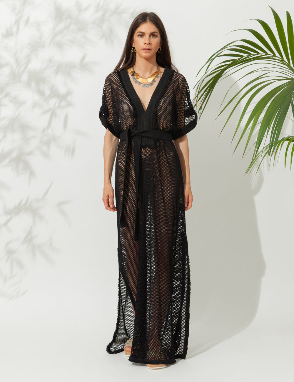 PETRA COTTON FISHNET LONG KAFTAN BLACK