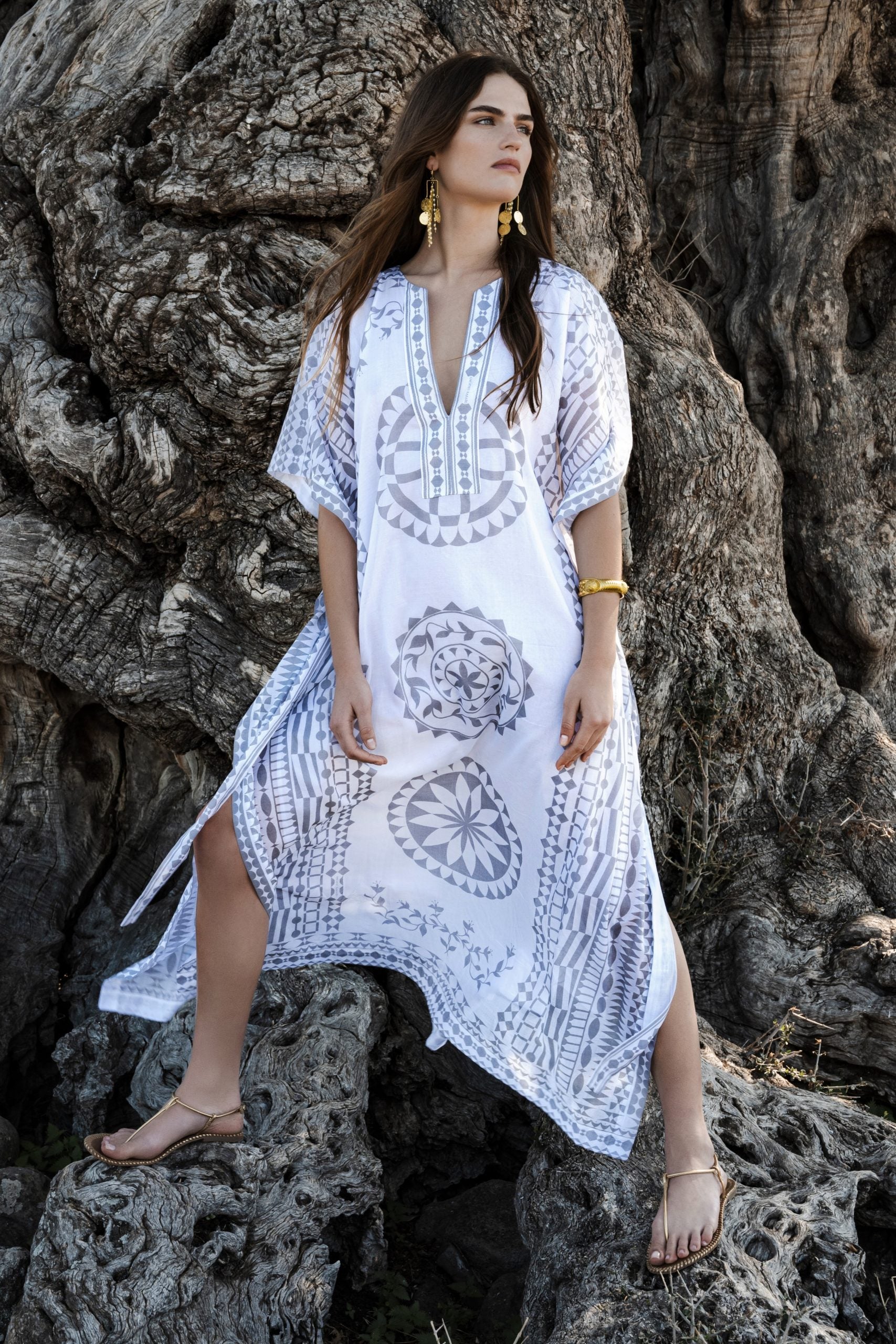 PYRGI PRINTED BELTED LONG KAFTAN