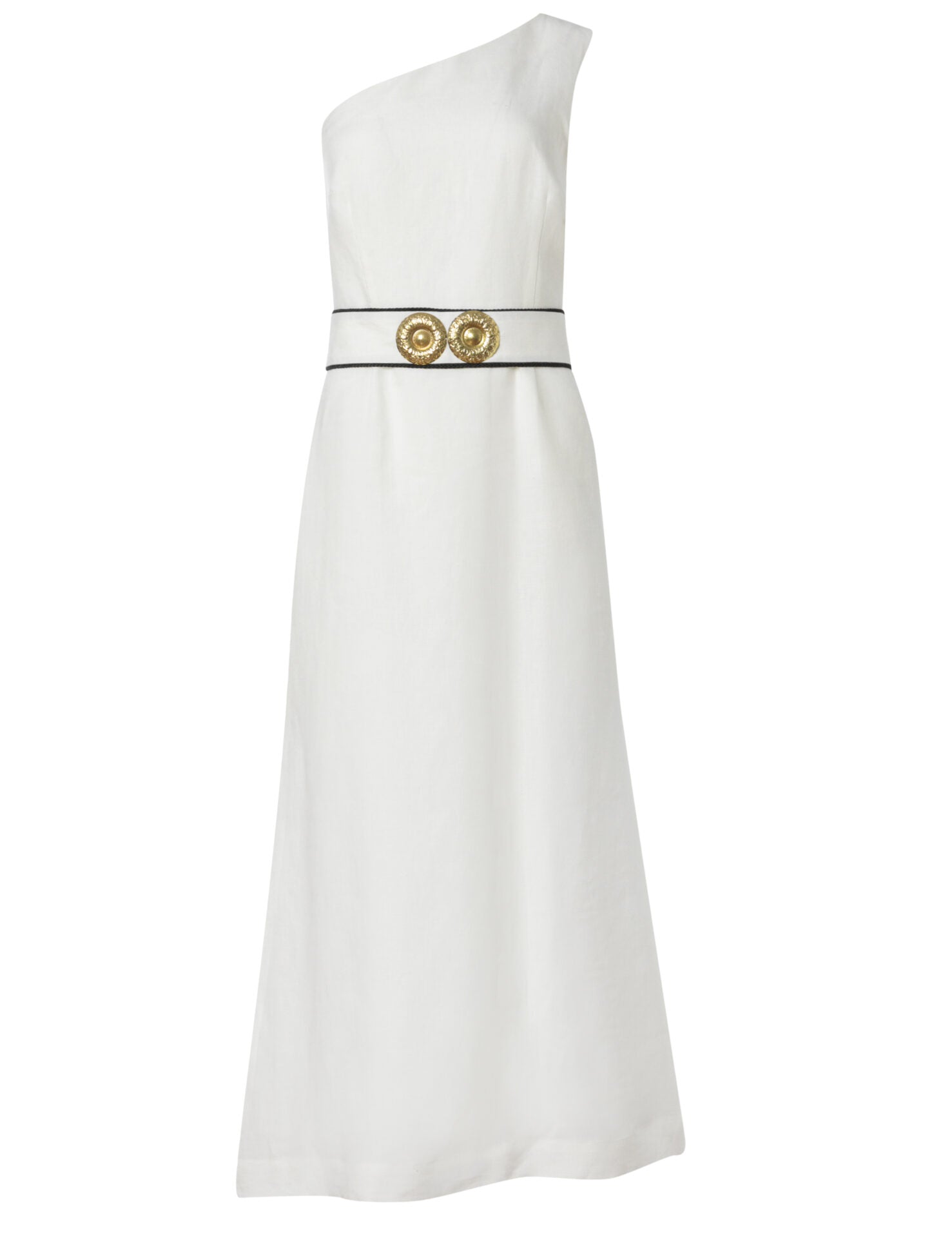 INO ONE SHOULDER LINEN MIDI DRESS WITH GOLDEN BUCKLES WHITE