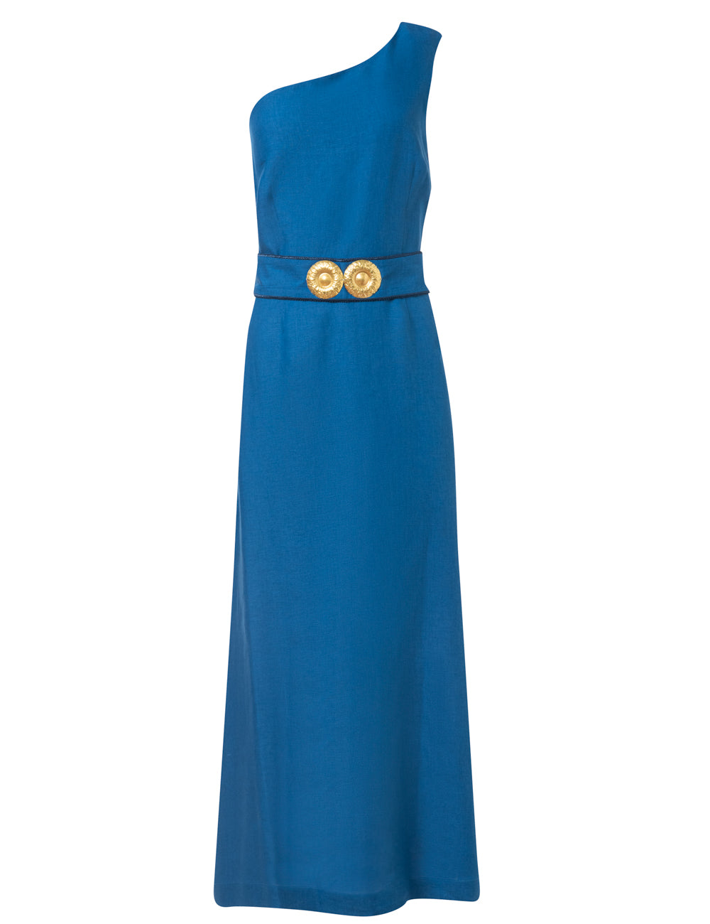 INO ONE SHOULDER LINEN MIDI DRESS WITH GOLDEN BUCKLES GREEK BLUE