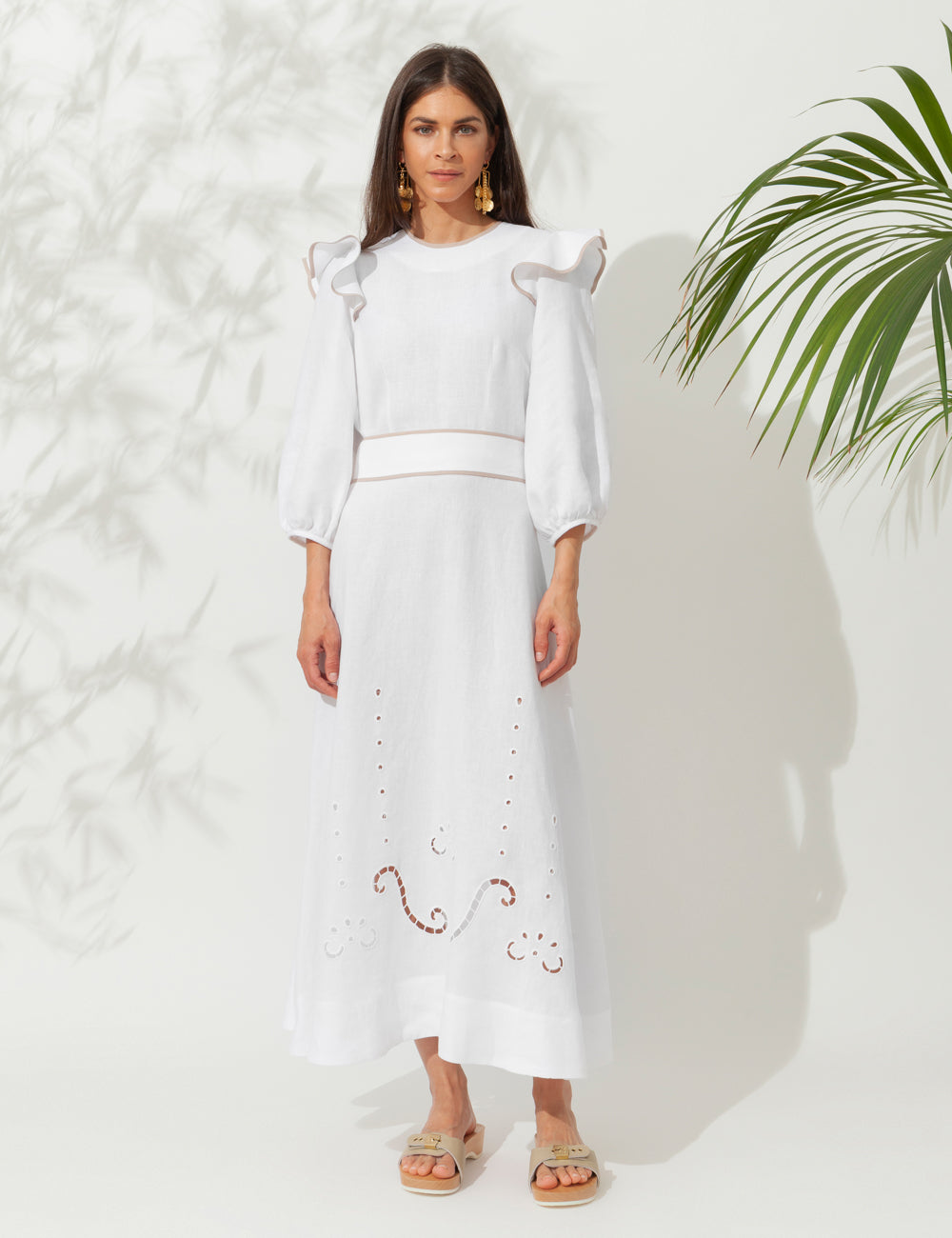 OINOUSSES CUT EMBROIDERED LINEN LONG DRESS