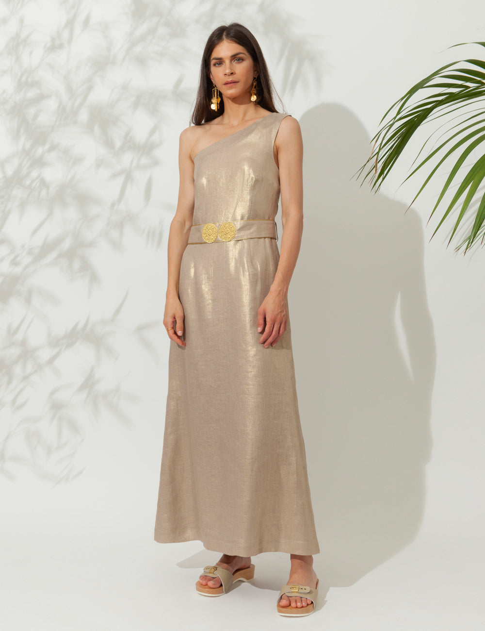 HELIOS ONE SHOULDER MIDI DRESS WITH GOLDEN BUCKLES