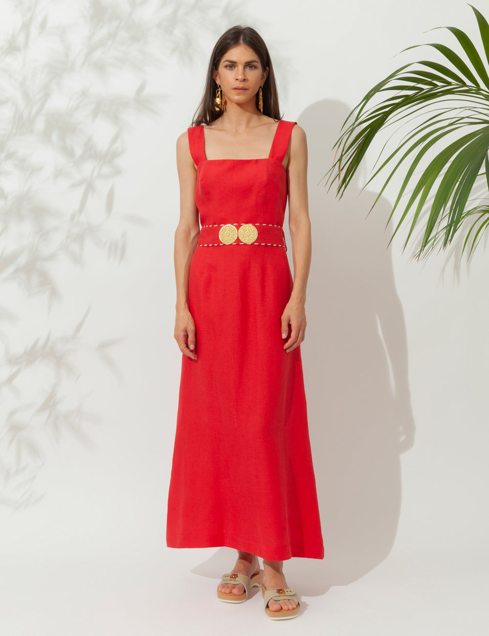 NONIKA LINEN DRESS WITH GOLDEN BUCKLES RED