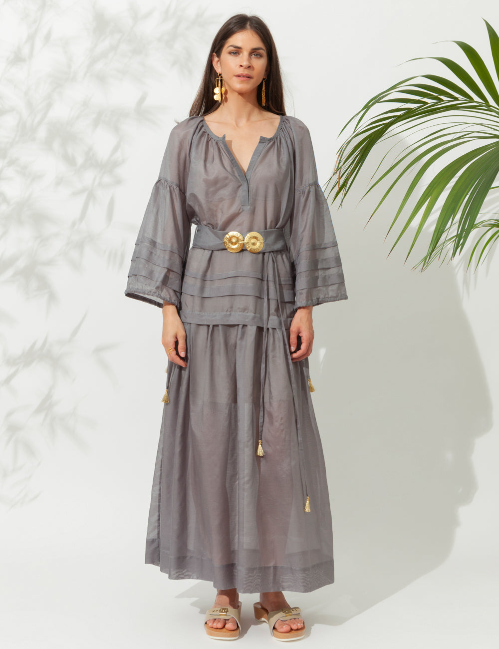 MYKONOS LONG DRESS WITH GOLDEN BUCKLES AND TASSELS STONE GREY