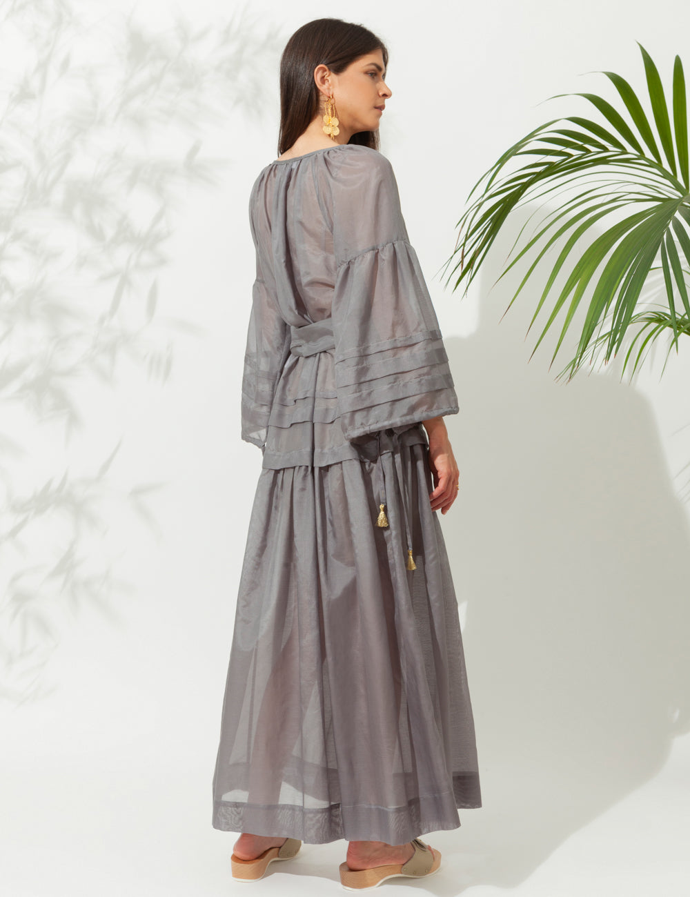 MYKONOS LONG DRESS WITH GOLDEN BUCKLES AND TASSELS STONE GREY