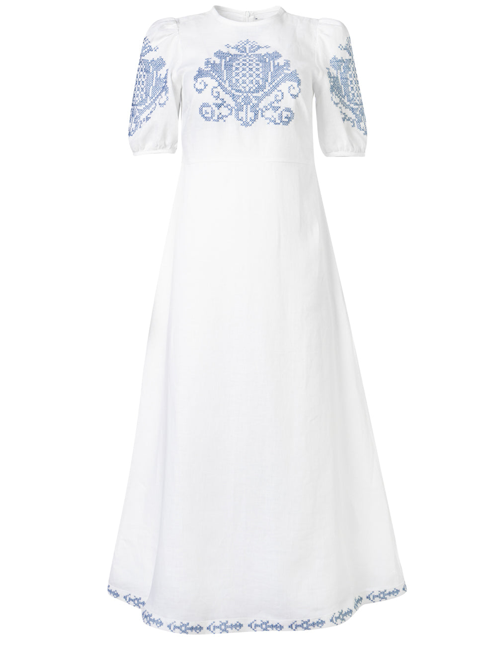 PENELOPE EMBROIDERED PUFF SLEEVE LINEN LONG DRESS