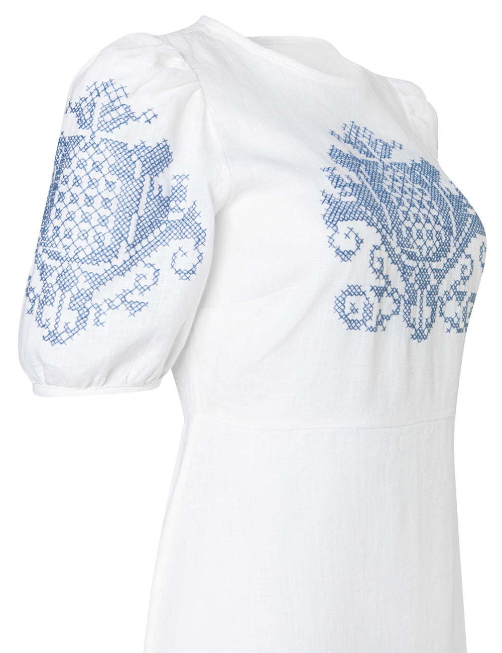 PENELOPE EMBROIDERED PUFF SLEEVE LINEN LONG DRESS