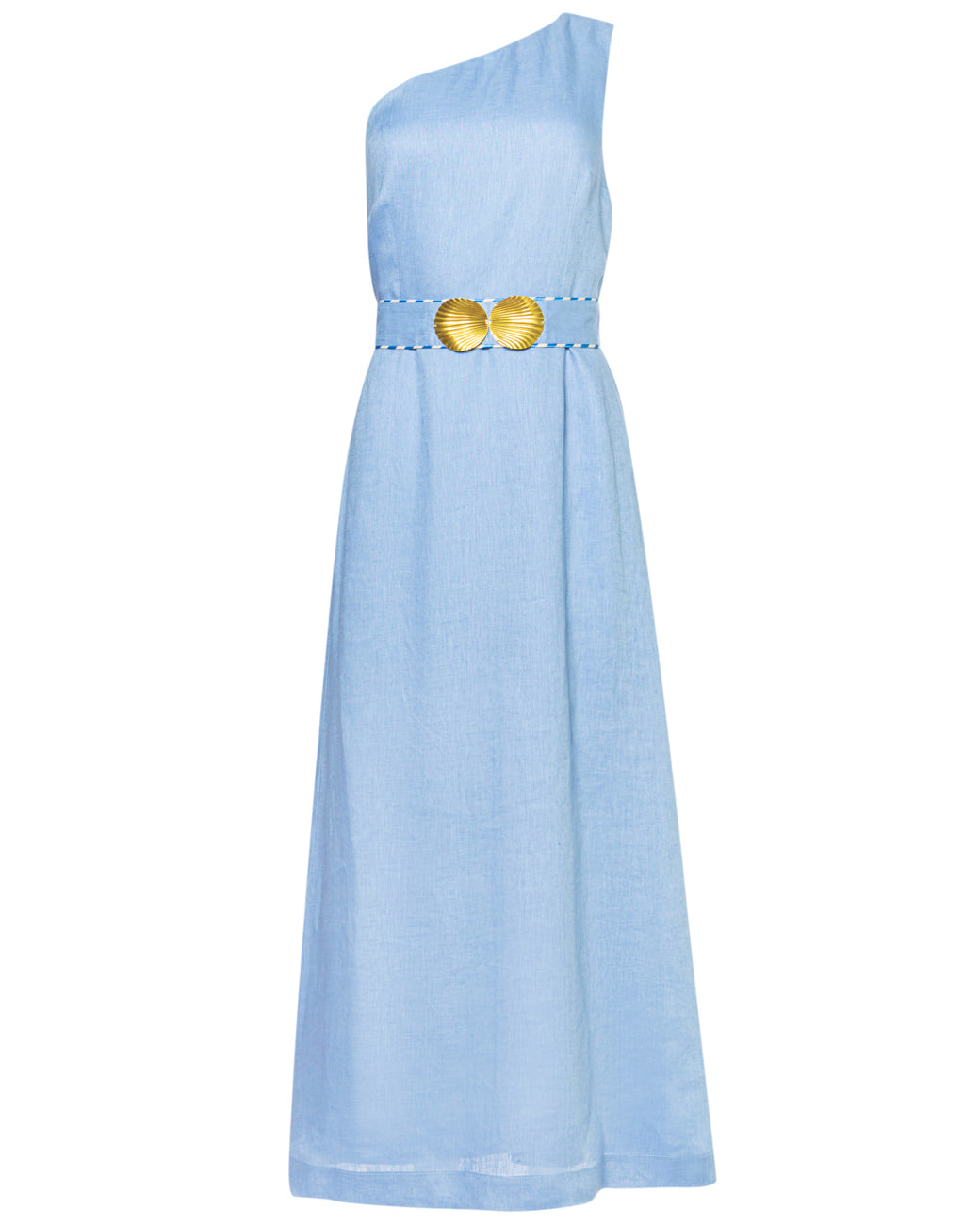 INO LINEN  ONE SHOULDER DRESS WITH GOLDEN SHELL-BUCKLES