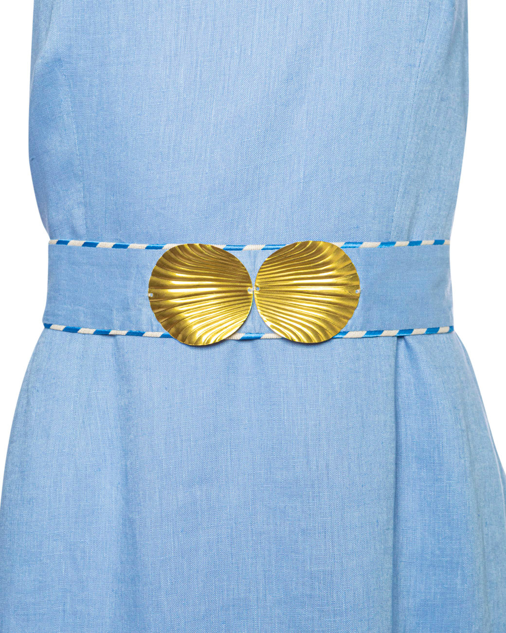 INO LINEN  ONE SHOULDER DRESS WITH GOLDEN SHELL-BUCKLES