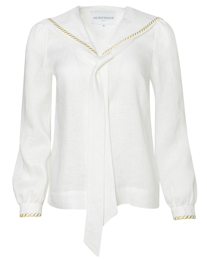 Desis embroidered sailor tie blouse in off-white and gold, Ancient Kallos