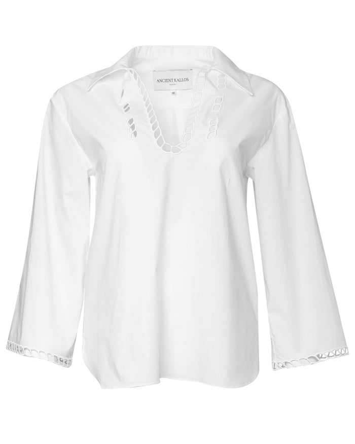 Schinousa cut-embroidered blouse in white, Ancient Kallos