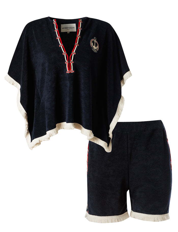 Ploes embroidered cotton terry beach set with fringe details in navy blue, Ancient Kallos