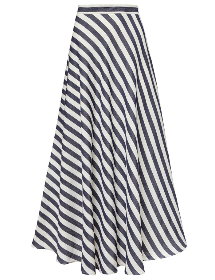 Aegean striped linen-cotton maxi skirt in navy blue and white, Ancient Kallos