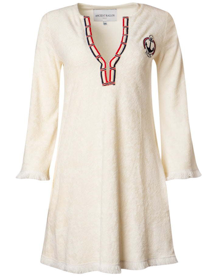 Ploes embroidered cotton terry tunic with fringe details in crème, Ancient Kallos