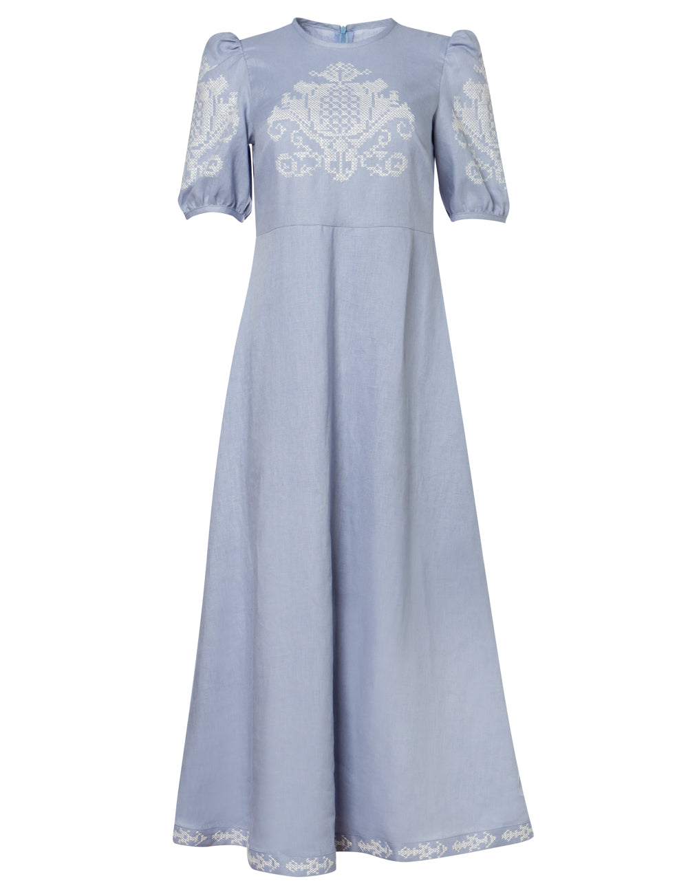 PENELOPE EMBROIDERED PUFF SLEEVE LINEN LONG DRESS - WEB EXCLUSIVE