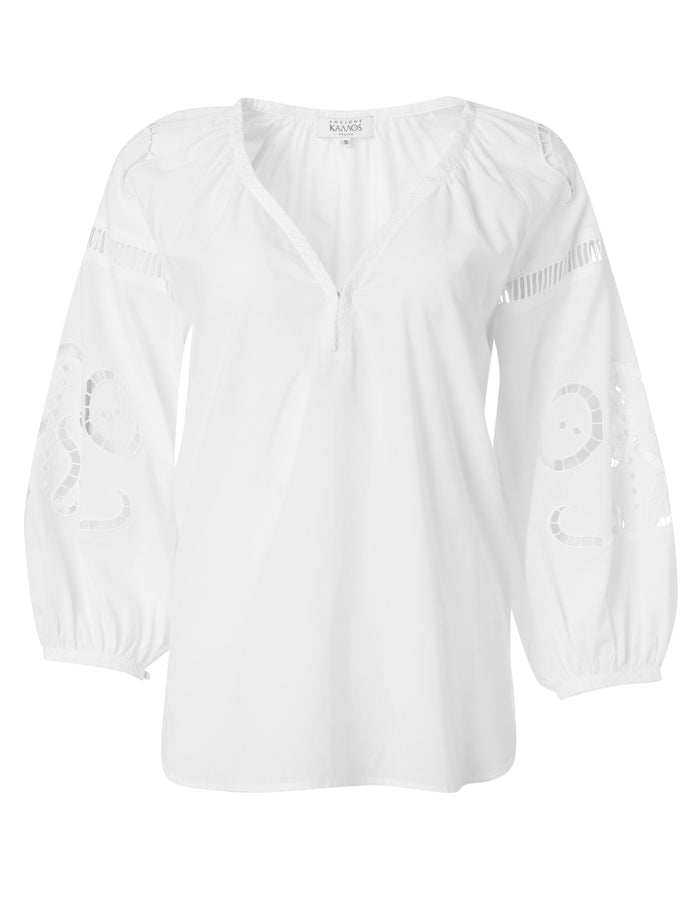 Iphigenia cut embroidered blouse in white, Ancient Kallos