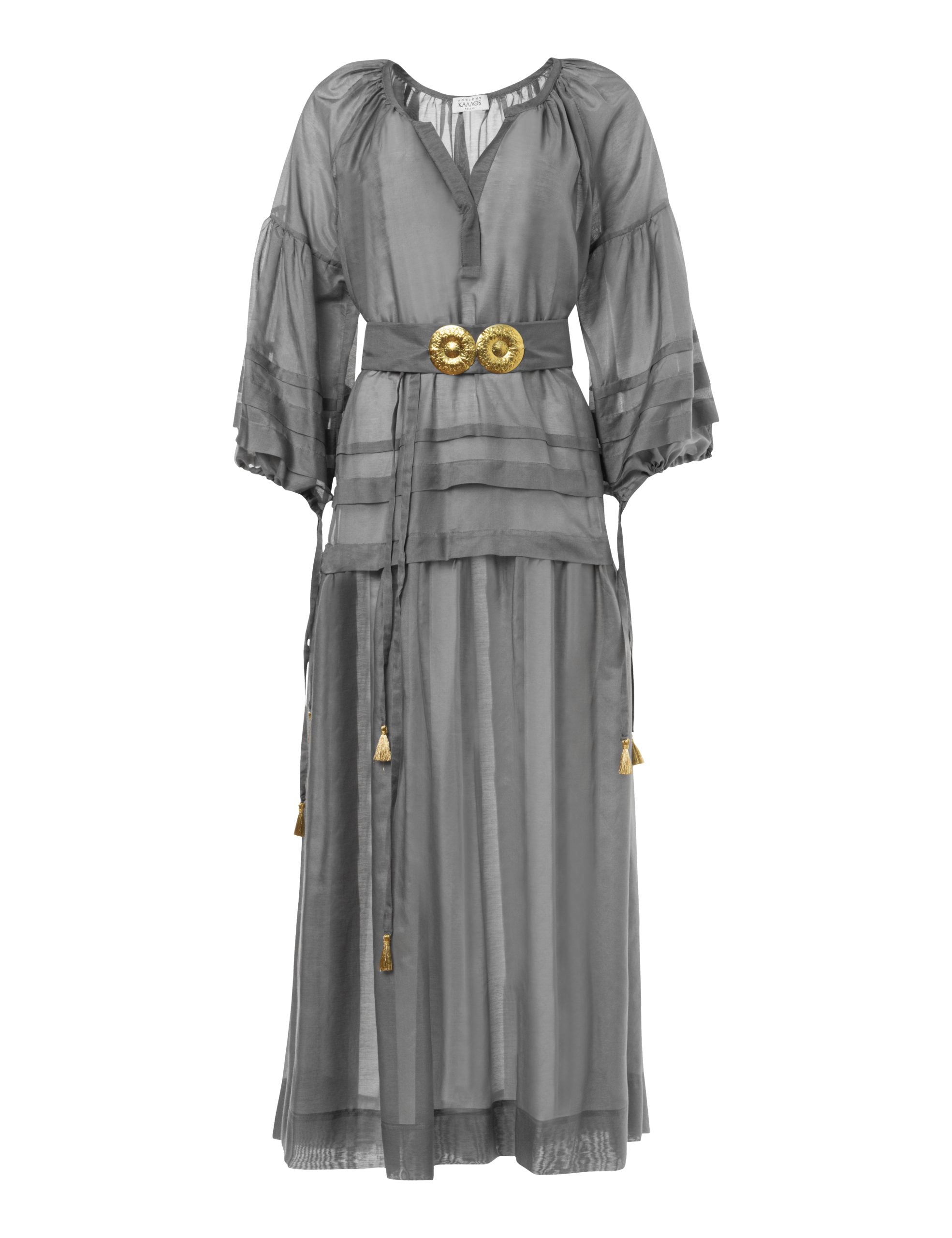 MYKONOS LONG DRESS WITH GOLDEN BUCKLES AND TASSELS STONE GREY