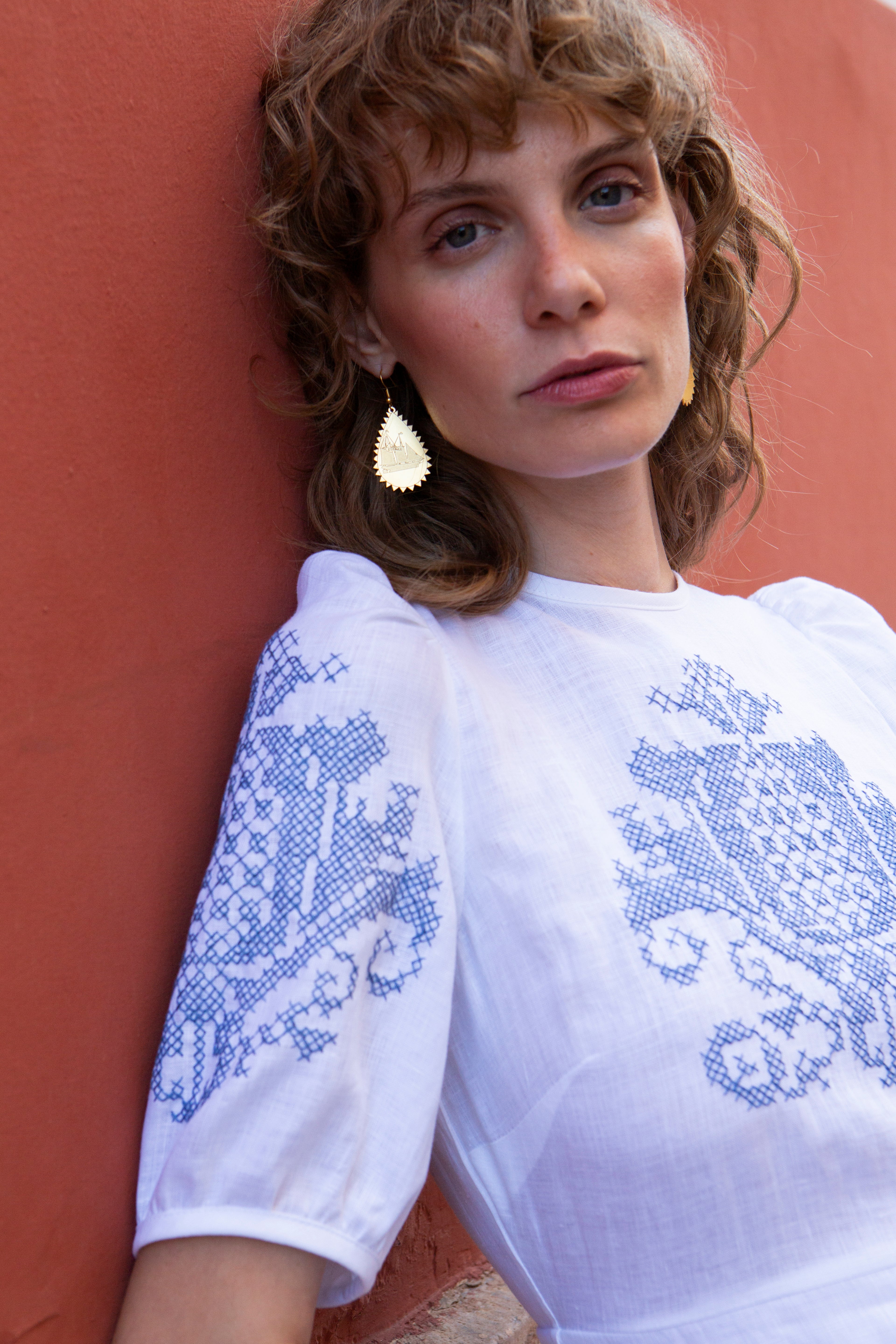 PENELOPE EMBROIDERED PUFF SLEEVE LINEN LONG DRESS