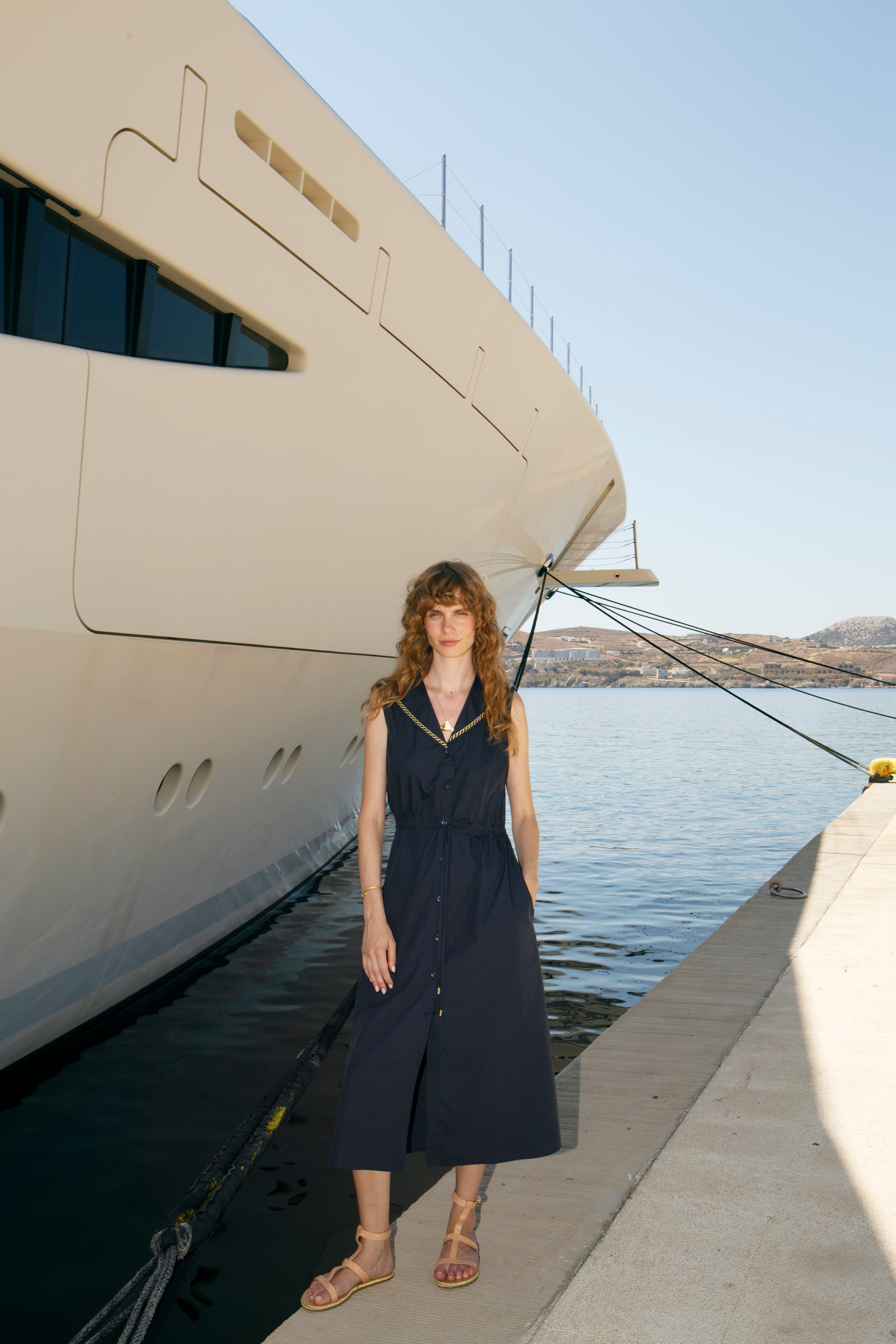 DESIS EMBROIDERED COTTON SAILOR TIE MIDI SHIRT DRESS