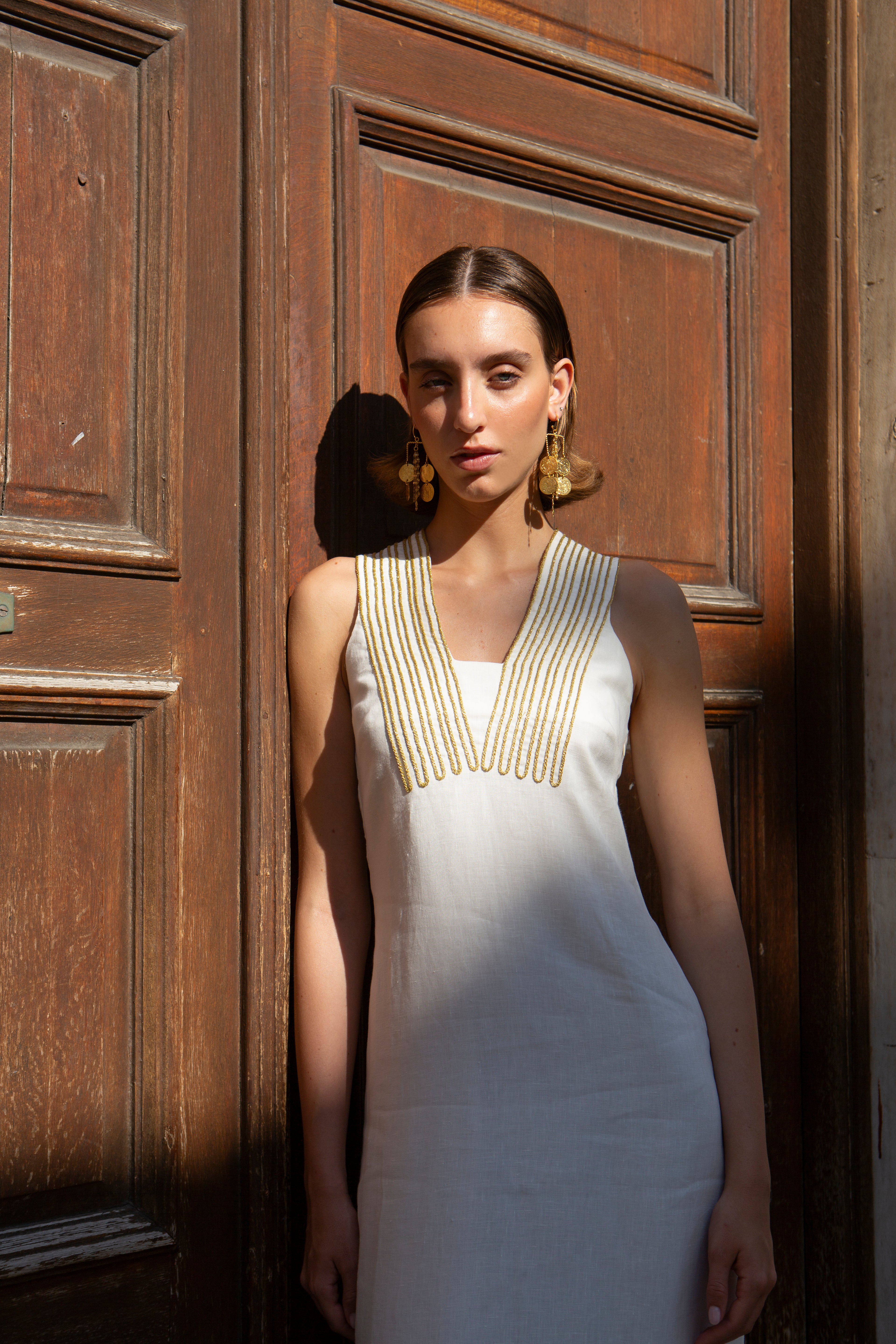 ARIADNI CORD EMBROIDERED LINEN MIDI DRESS