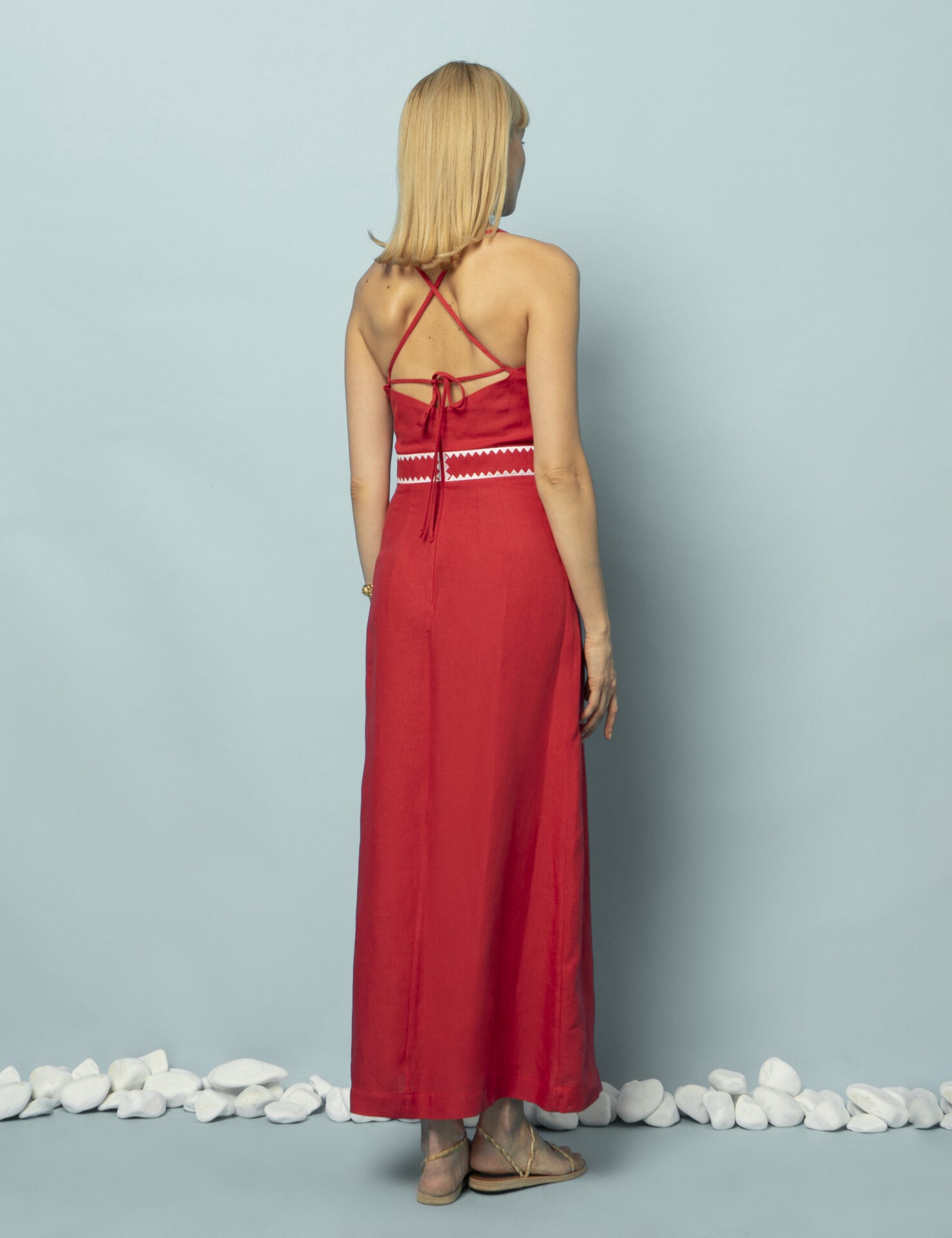 MELITA EMBROIDERED LINEN LONG DRESS RED