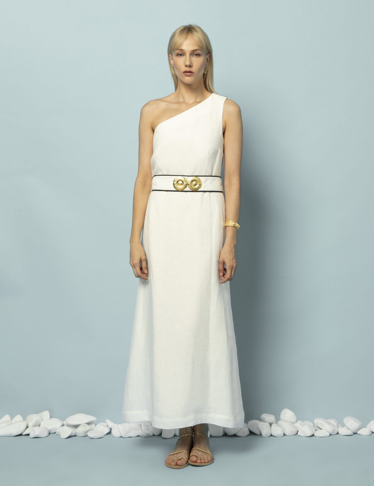 INO ONE SHOULDER LINEN MIDI DRESS WITH GOLDEN BUCKLES WHITE