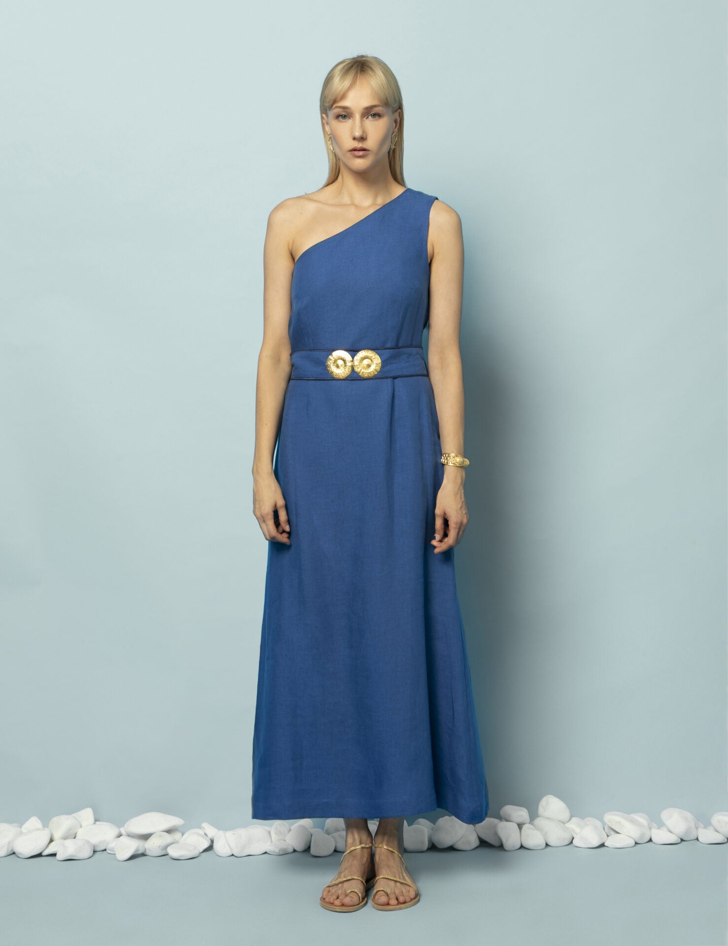 INO ONE SHOULDER LINEN MIDI DRESS WITH GOLDEN BUCKLES GREEK BLUE